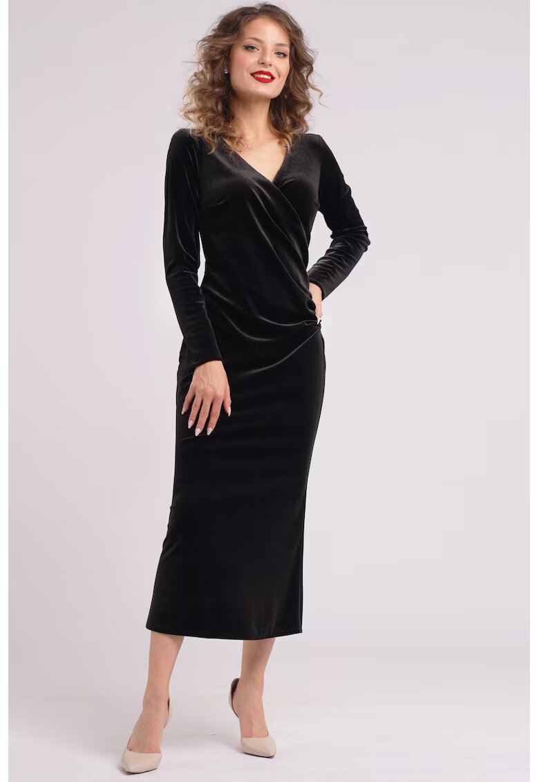 CAMISSI Rochie midi cu aspect de catifea si decolteu cache-coeur - Negru