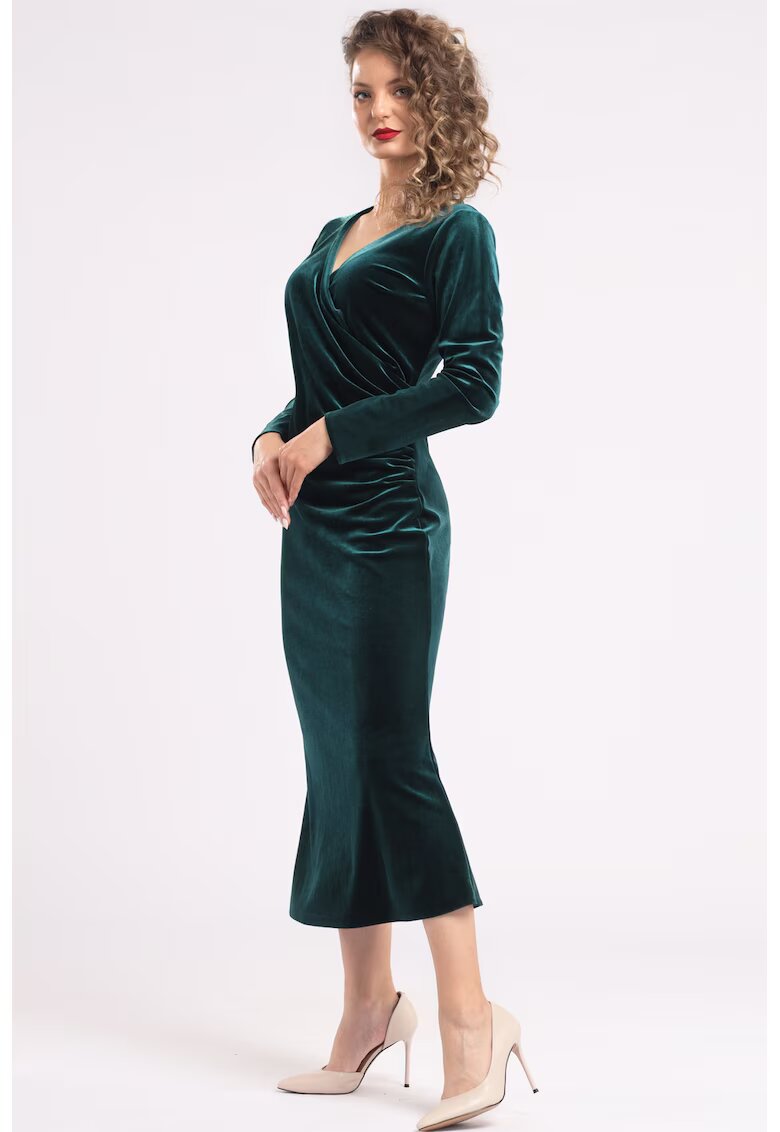 CAMISSI Rochie midi cu aspect de catifea si decolteu cache-coeur - Verde