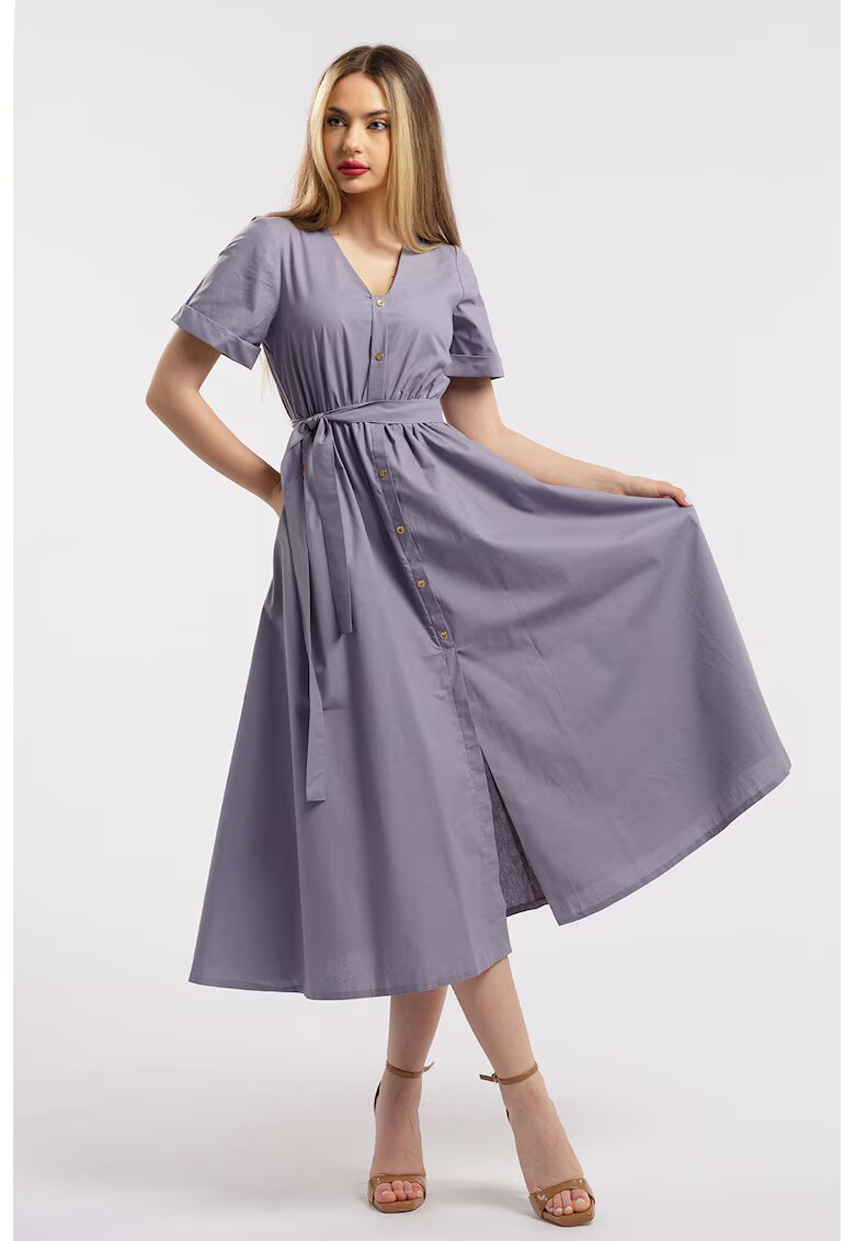 CAMISSI Rochie midi cu croiala evazata - decolteu in V si cordon in talie - Violet prafuit