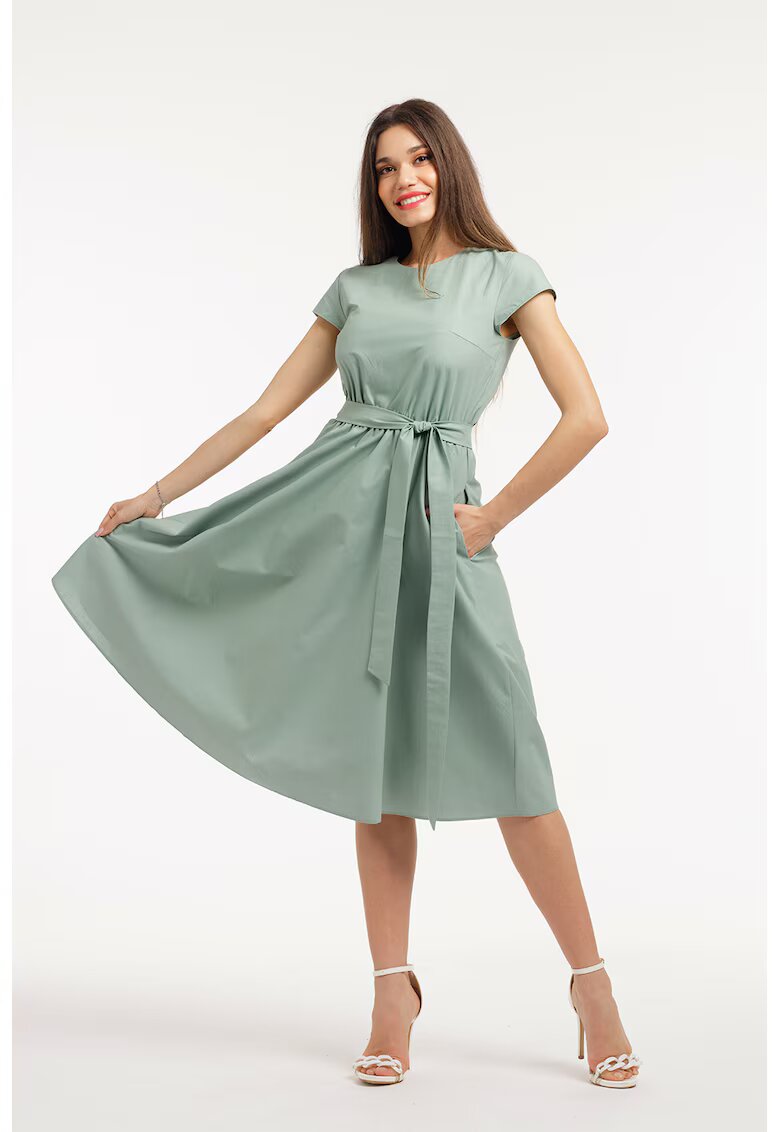 CAMISSI Rochie midi cu croiala evazata si maneci scurte - Verde sparanghel