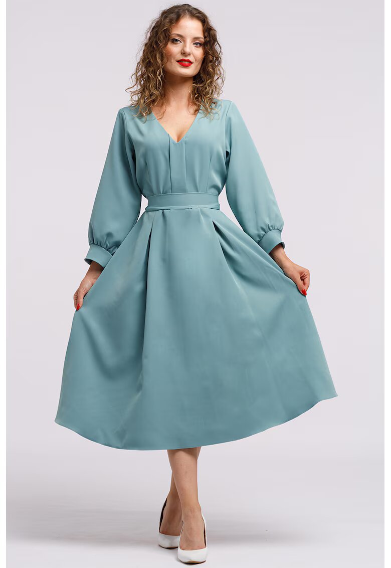CAMISSI Rochie midi cu croiala in A si buzunare - Albastru petrol
