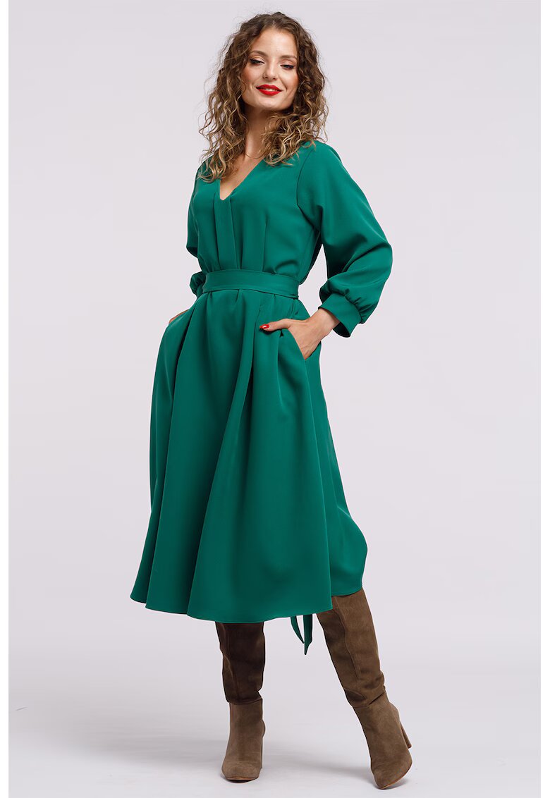 CAMISSI Rochie midi cu croiala in A si buzunare - Verde aquamarin