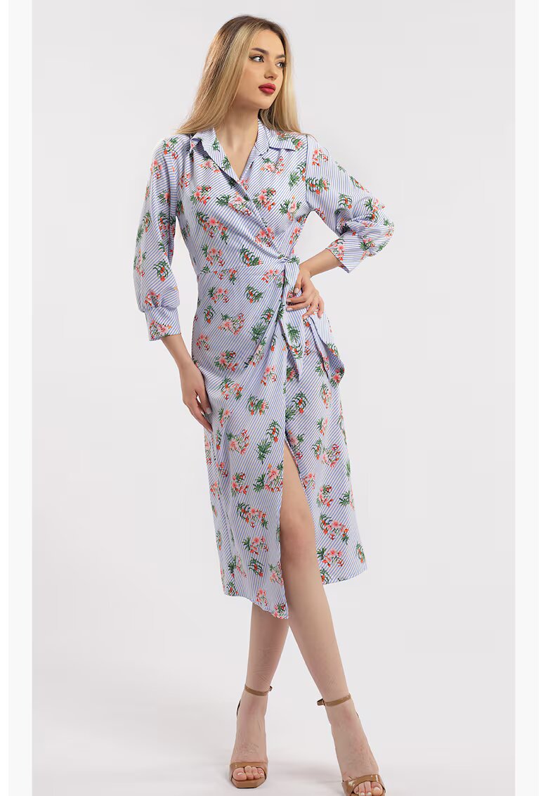 CAMISSI Rochie midi cu croiala petrecuta si slit frontal - Alb/Albastru