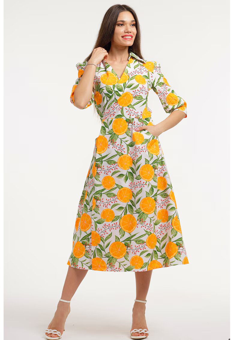 CAMISSI Rochie midi cu decolteu in V - Alb/Verde/Portocaliu