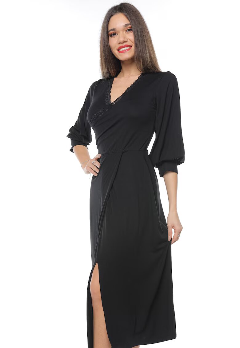 CAMISSI Rochie midi cu decolteu in V si slit frontal - Negru