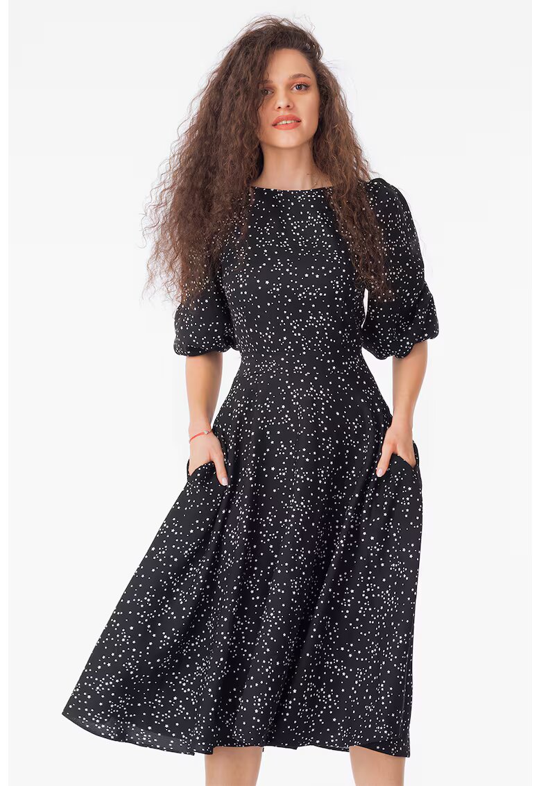 CAMISSI Rochie midi cu maneci bufante - Alb/Negru stins