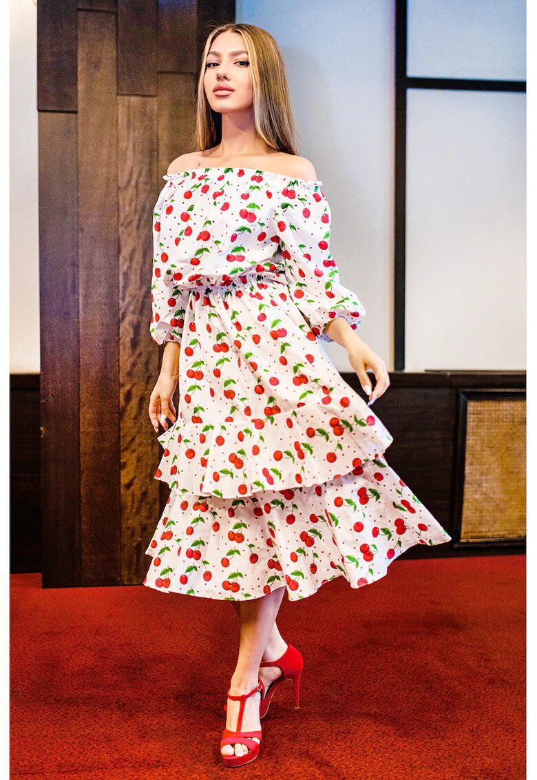 CAMISSI Rochie midi cu maneci bufante - Rosu/Verde/Alb optic