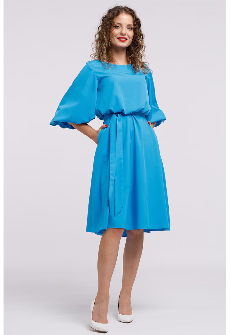 CAMISSI Rochie midi evazata cu cordon - Albastru azur