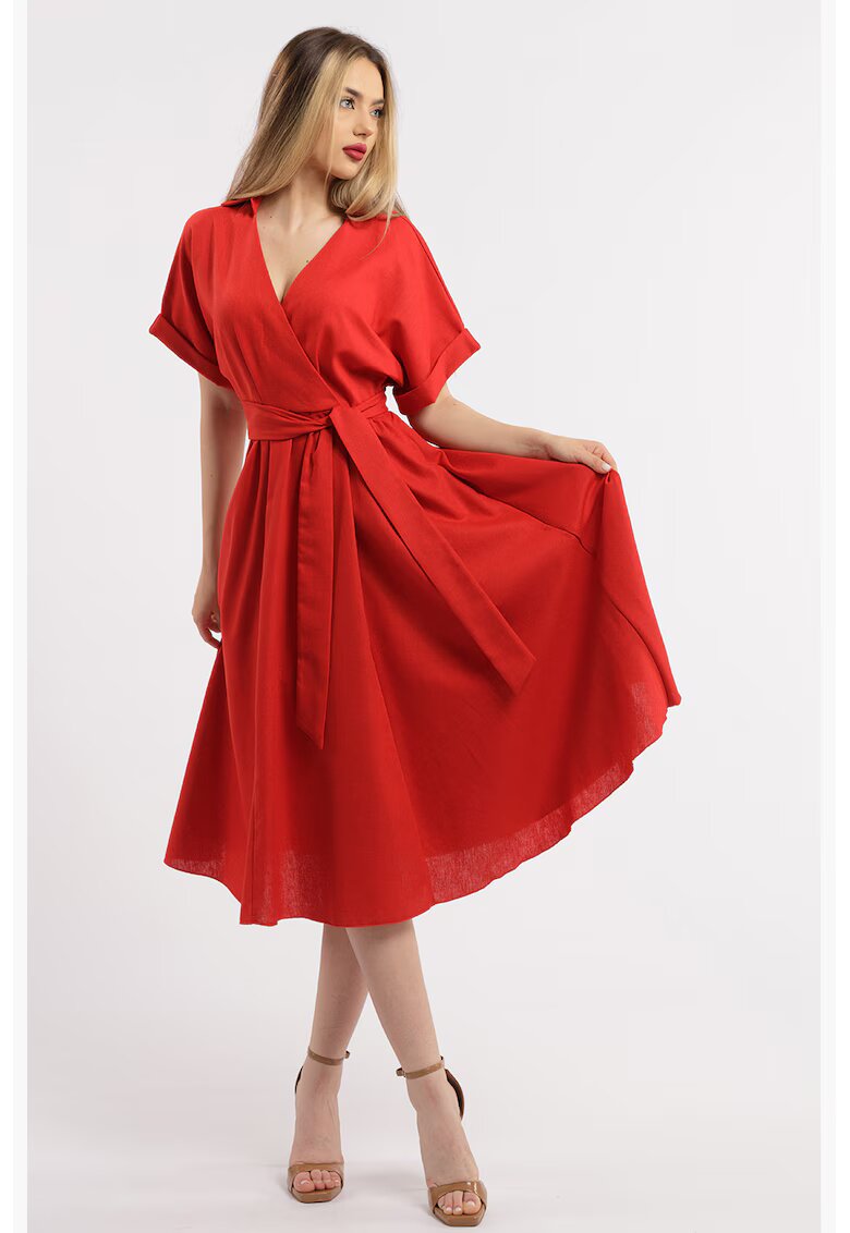 CAMISSI Rochie midi evazata din in cu decolteu in V - Rosu