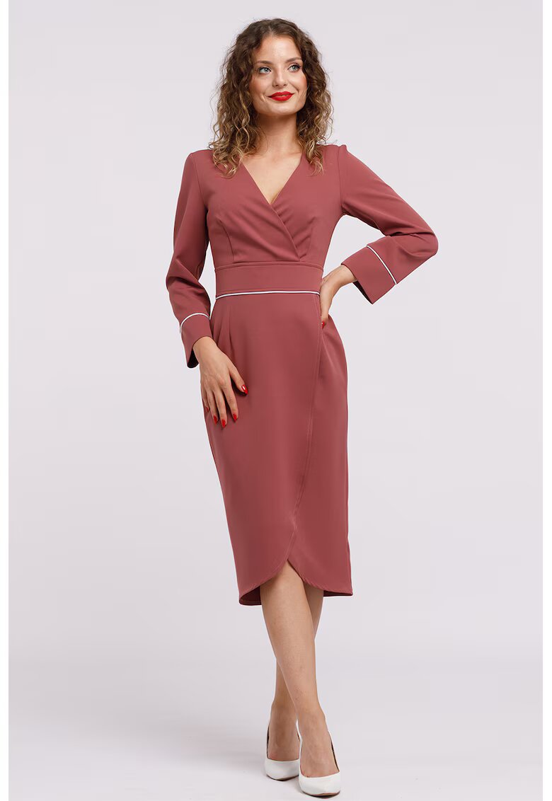 CAMISSI Rochie midi petrecuta cu decolteu in V - Roz inchis
