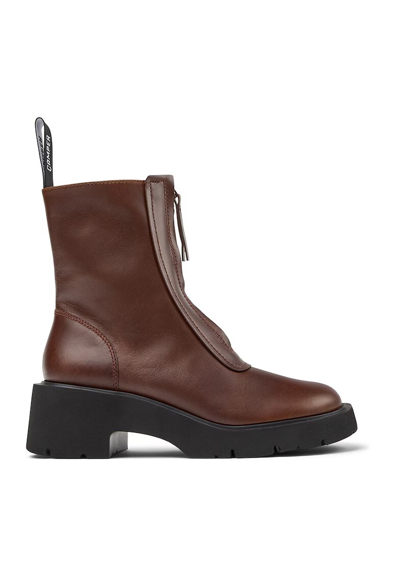 Camper Ghete din piele cu toc si fermoar frontal - Maro cognac