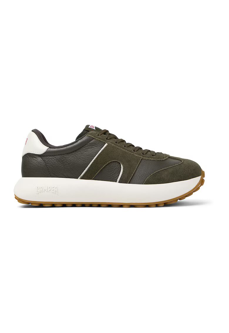 Camper Pantofi sport wedge cu segmente de piele nabuc Athens - Alb/Kaki inchis