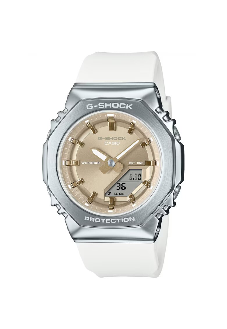 Casio Ceas G-SHOCK 40 mm - curea alba din cauciuc - carcasa din inox - cadran auriu - rezistent la apa 20 ATM