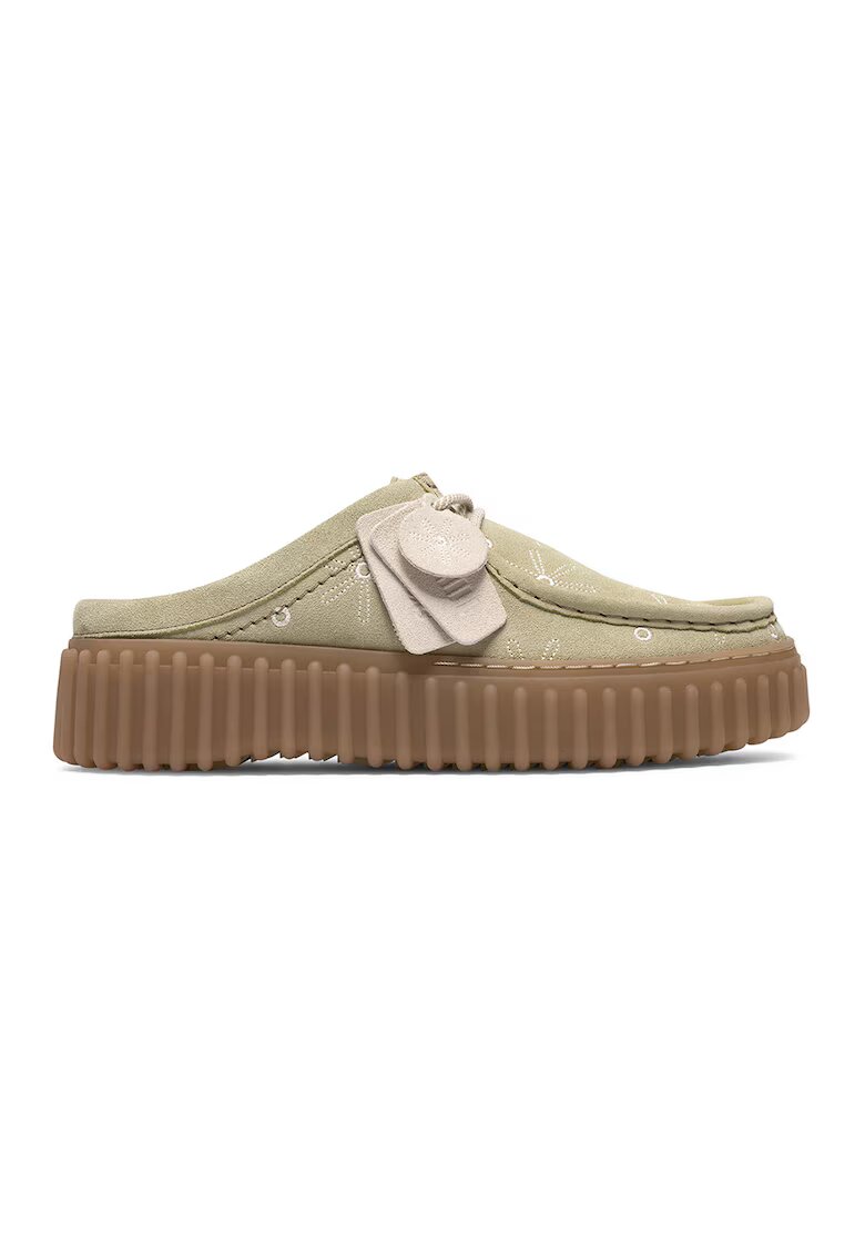 Clarks Saboti din piele intoarsa si piele cu logo - Alb/Verde pal