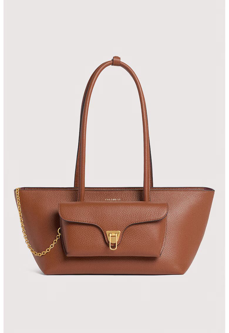 COCCINELLE Geanta tote trapezoidala de piele Double Beat - Maro cognac