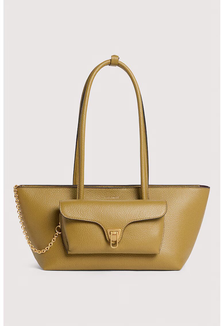 COCCINELLE Geanta tote trapezoidala de piele Double Beat - Verde masliniu