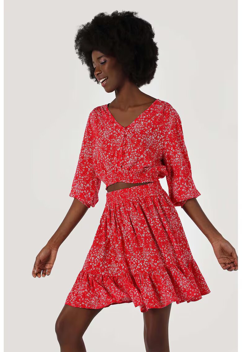 COLINS Bluza cu model floral - decolteu in V si maneci trei sferturi - Rosu/Alb