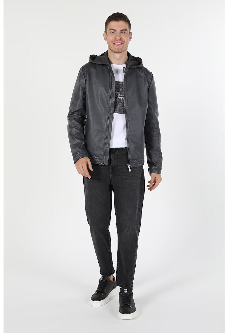COLINS Jacheta slim fit de piele ecologica cu gluga - Gri inchis