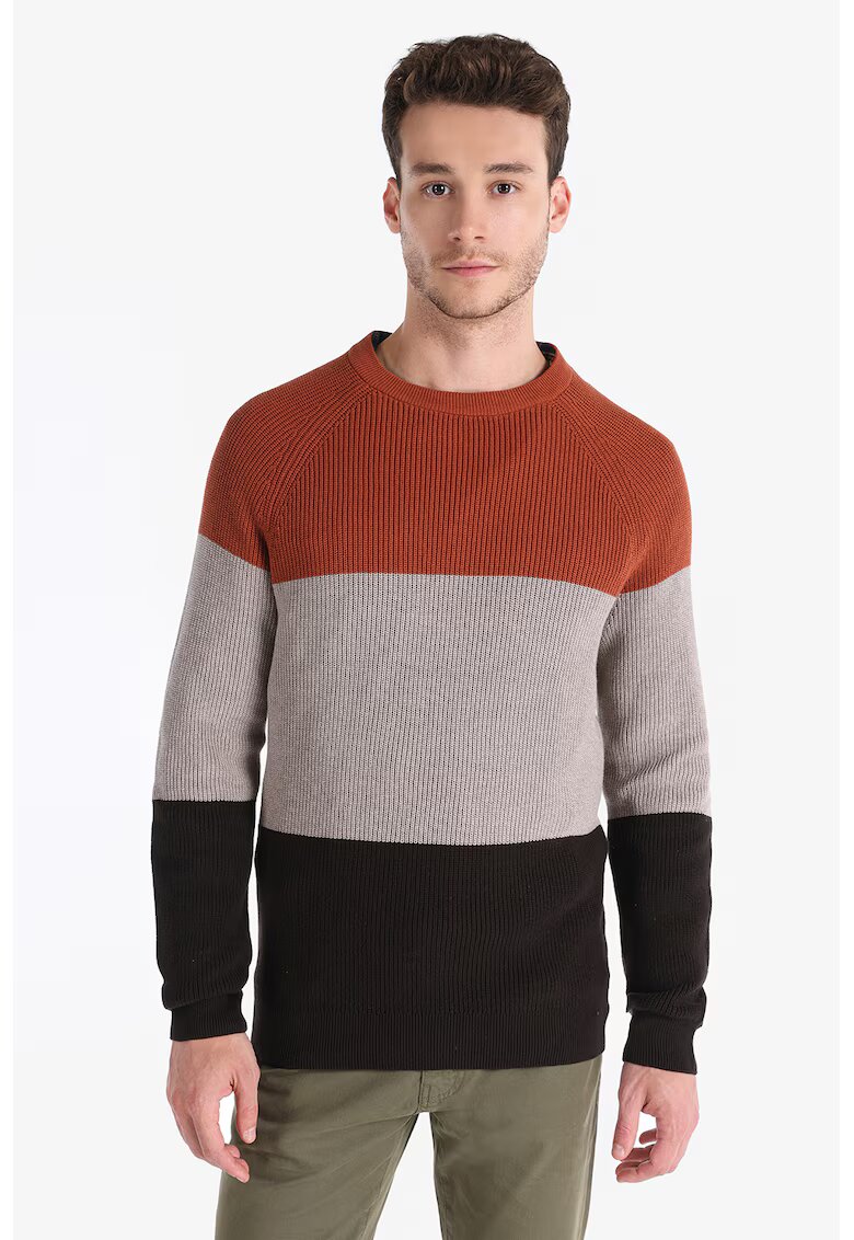 COLIN'S Pulover cu decolteu la baza gatului si maneci raglan - Negru/Maro taupe deschis/Caramiziu