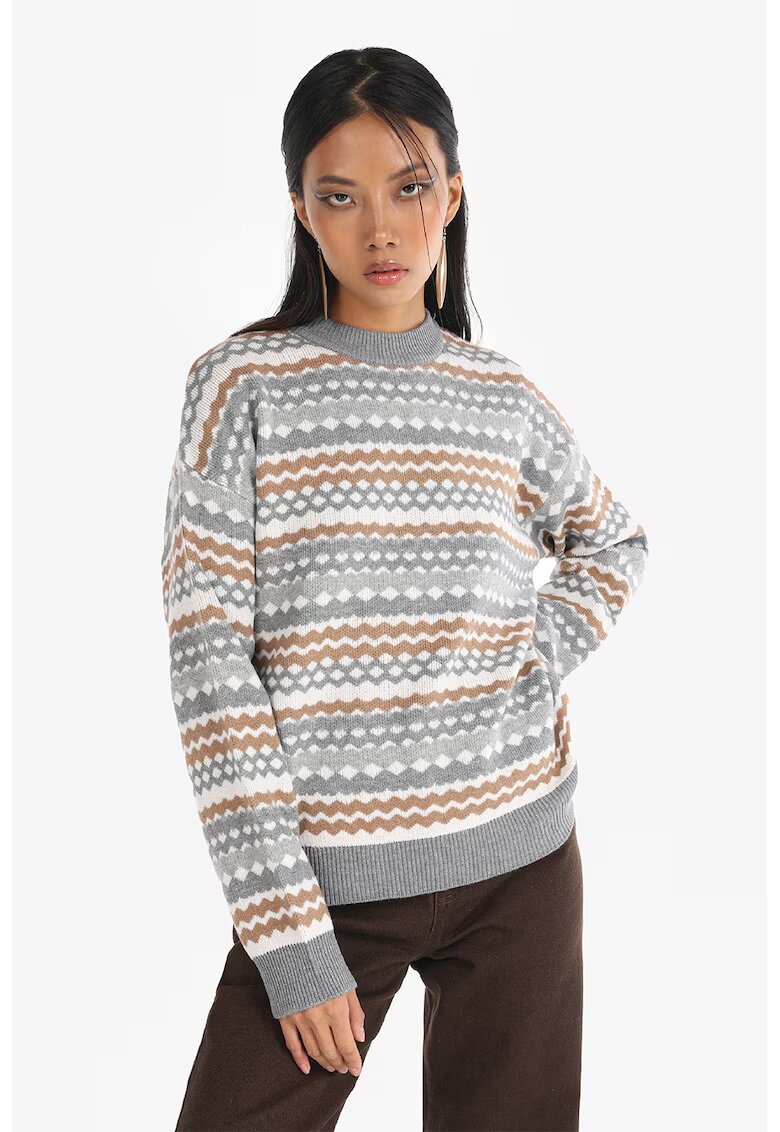 COLINS Pulover cu decolteu la baza gatului si model geometric - Alb/Maro/Gri