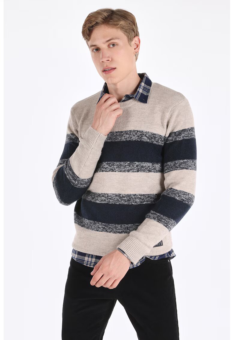 COLINS Pulover cu decolteu la baza gatului si model in dungi - Bej/Bleumarin