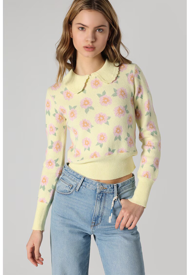 COLIN'S Pulover cu model floral si guler Peter Pan - Roz deschis/Galben pal
