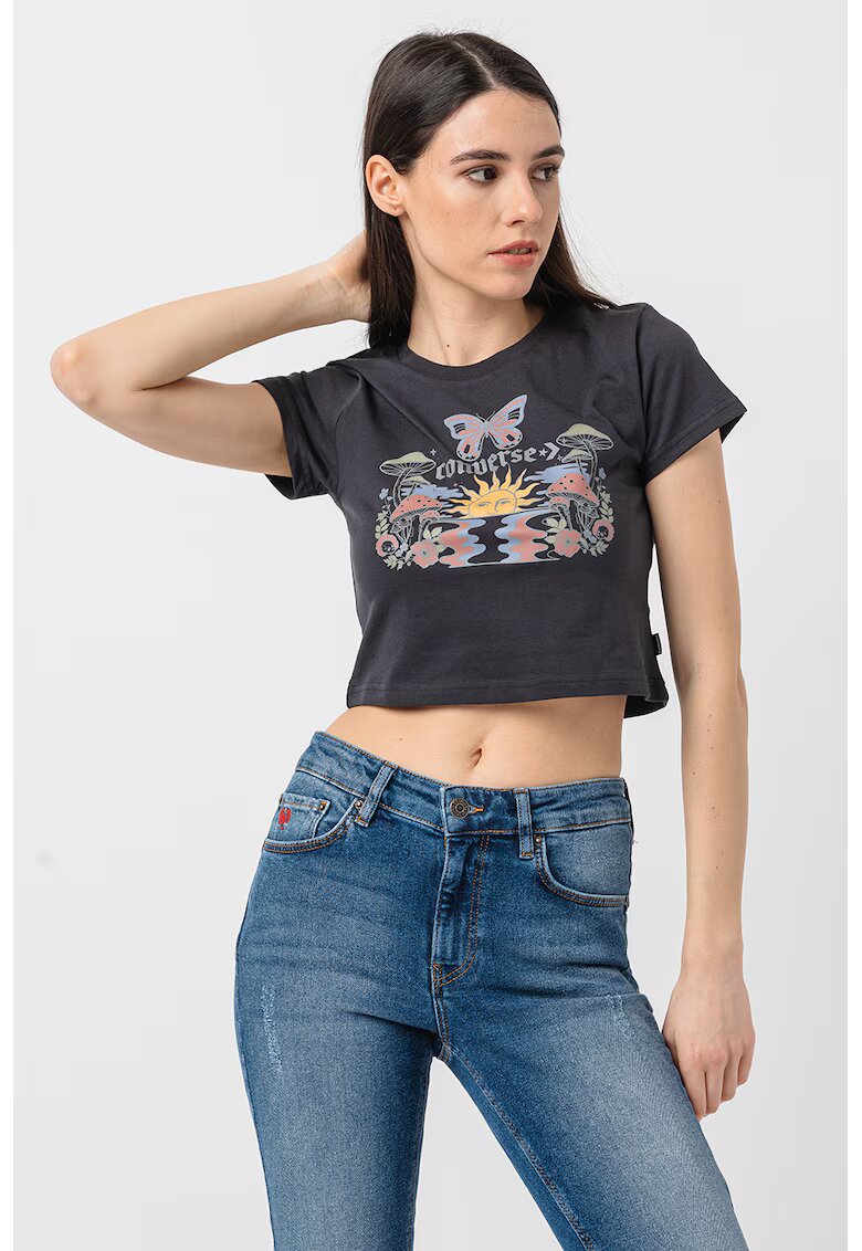 Converse Tricou crop cu imprimeu grafic Blooming Skate - Verde/Negru/Albastru