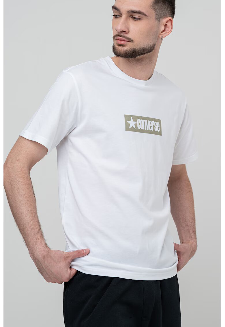 Converse Tricou cu decolteu la baza gatului si imprimeu logo Retro - Alb/Kaki
