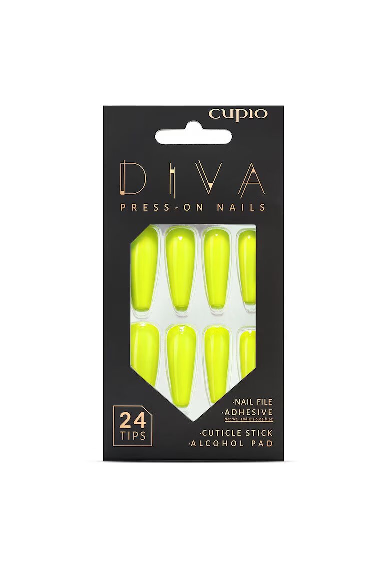 Cupio Set unghii false galben neon - 24 de tipsuri - pila - adeziv - betisor - pad cu alcool