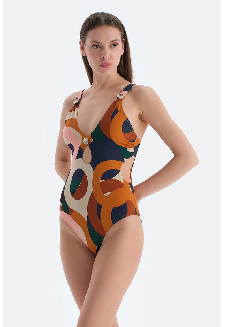 DAGI Costum de baie intreg cu model abstract - Portocaliu stins/Alb murdar/Bleumarin