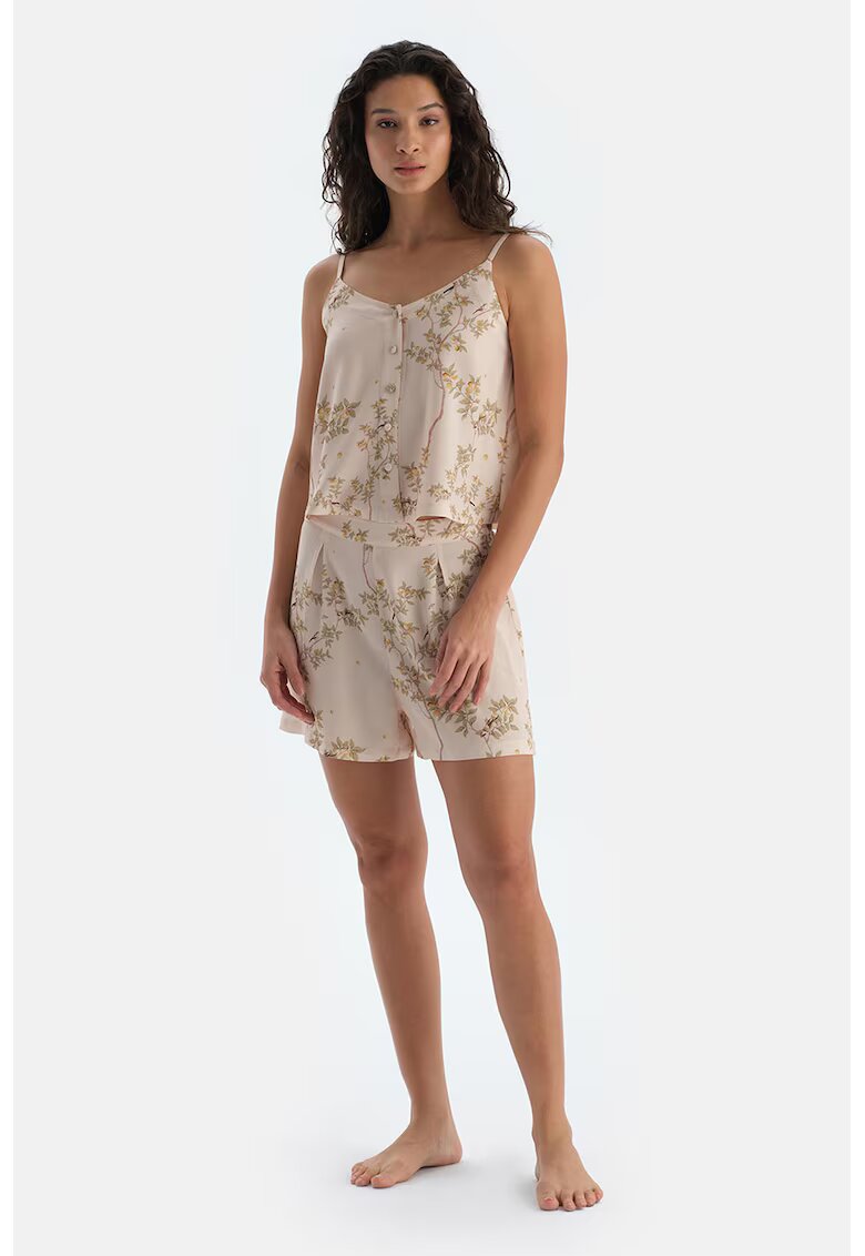 DAGI Pantaloni scurti de pijama cu model floral - Bej deschis/Verde sparanghel