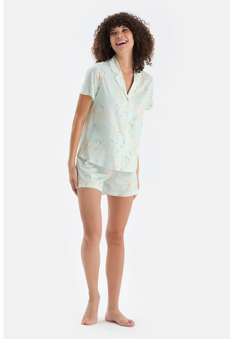 DAGI Pijama din amestec de bumbac cu model floral - 2 piese - Alb/Bej/Verde pal