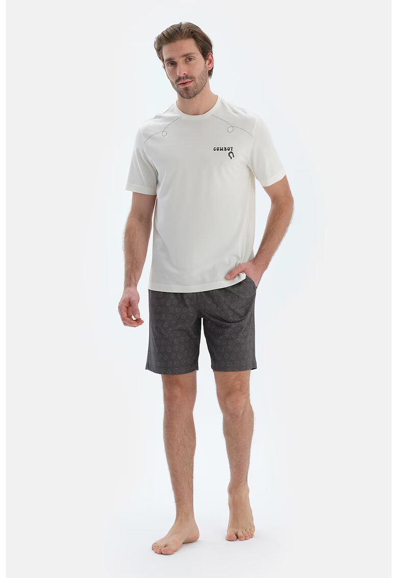 DAGI Pijama din bumbac si model cu pantaloni scurti - Alb fildes/Gri inchis