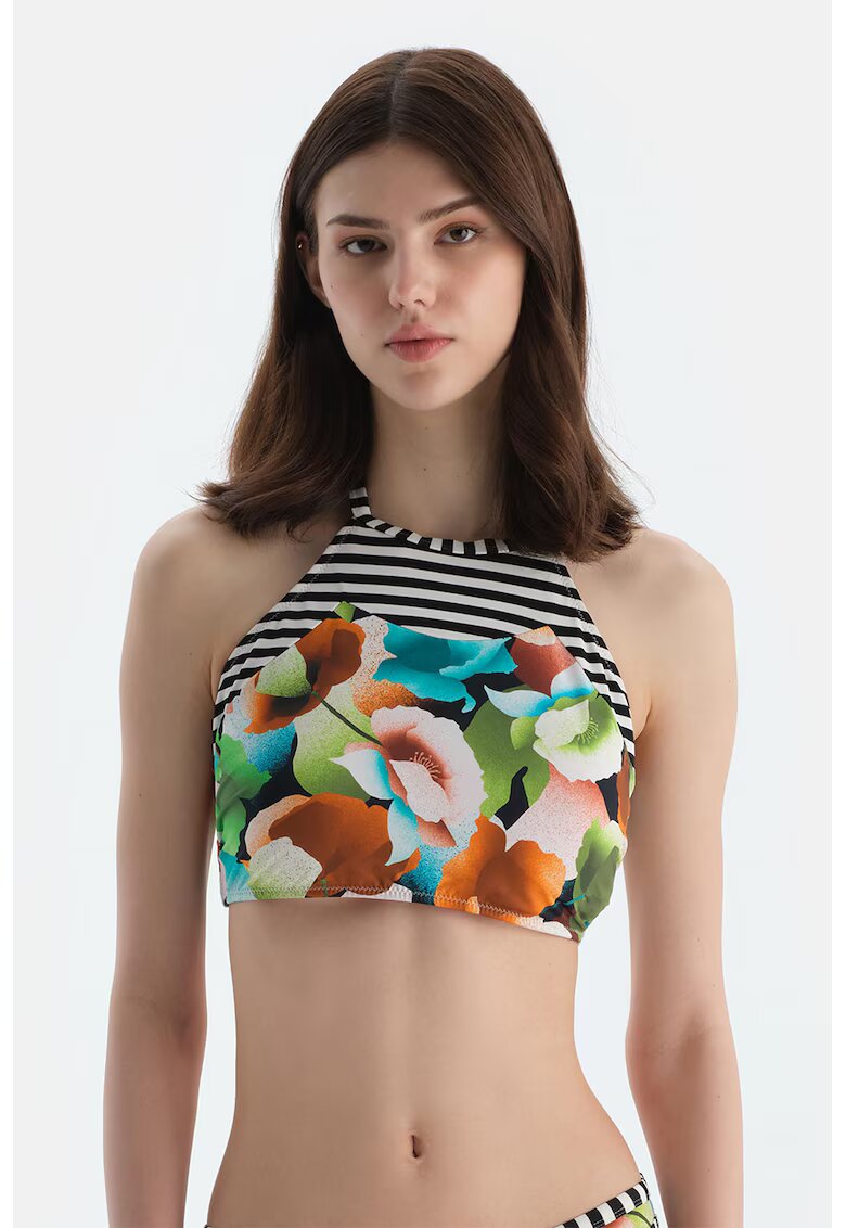 DAGI Sutien de baie cu decolteu halter si model - Alb/Negru/Albastru deschis