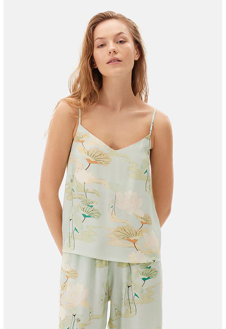 DAGI Top cu decolteu in V si model floral - Bej/Verde pal