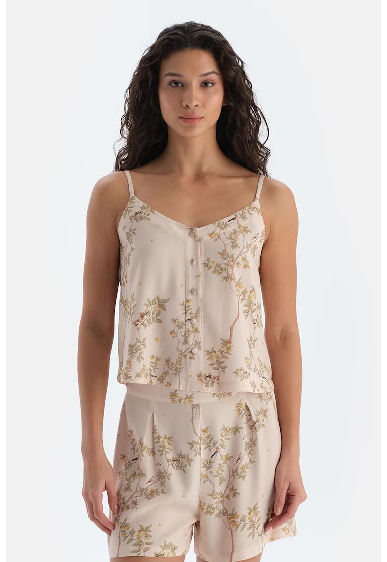 DAGI Top de pijama cu model floral si nasturi - Bej deschis/Verde sparanghel