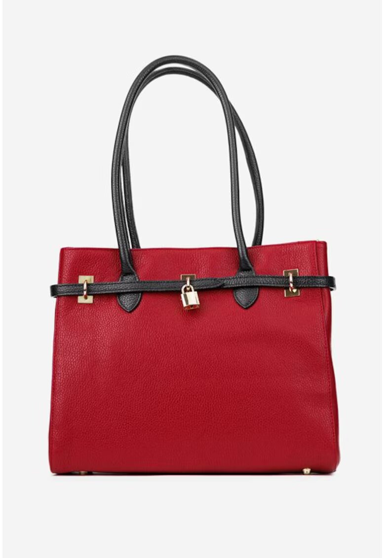 Dasha Geanta dama rosie cu negru din piele texturata cu ornament