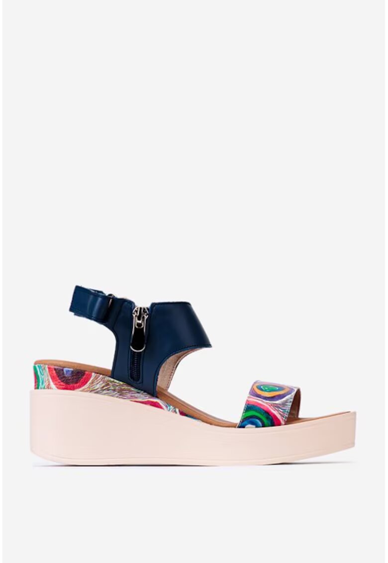 Dasha Sandale dama navy din piele cu imprimeu geometric colorat