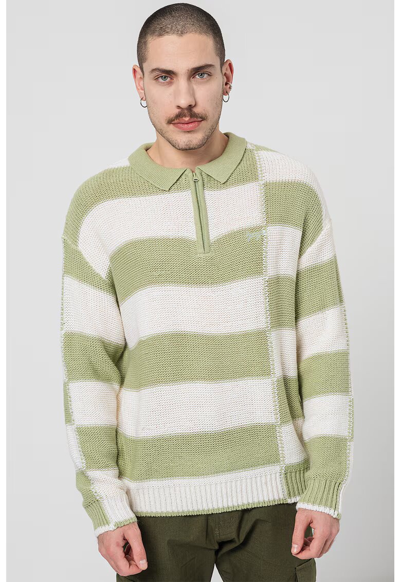 Denim Project Pulover polo cu dungi - Alb/Verde fistic