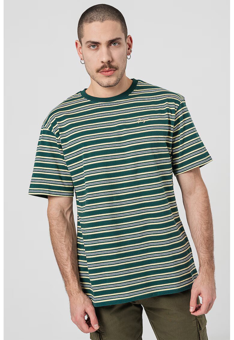 Denim Project Tricou cu dungi si decolteu la baza gatului - Alb/Galben pal/Verde englez