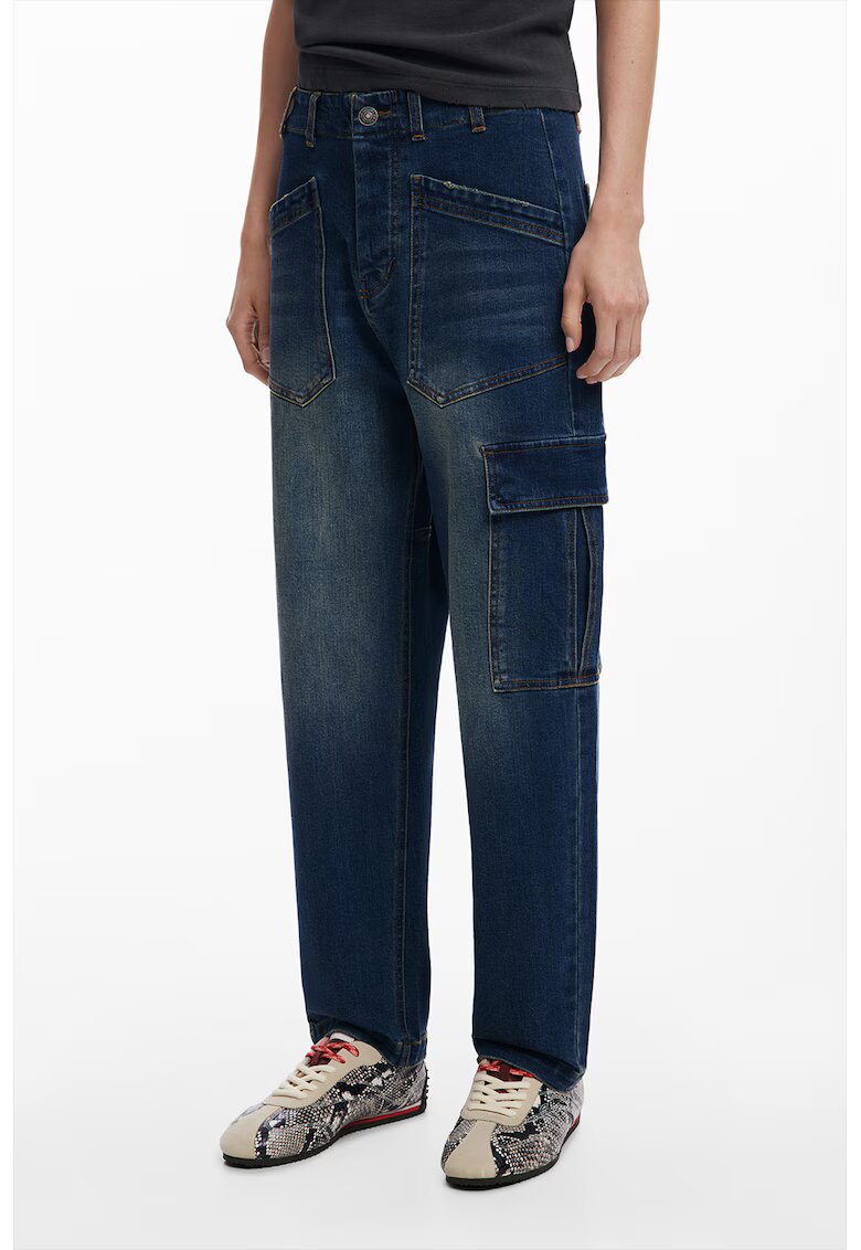 Desigual Blugi cargo conici cu talie inalta - Albastru inchis/Grej