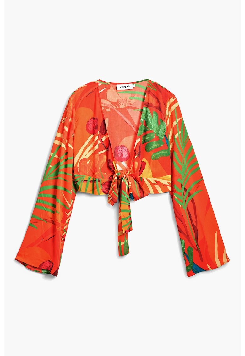 Desigual Bluza crop de plaja cu imprimeu tropical si design innodat - Rosu/Verde/Portocaliu mandarina