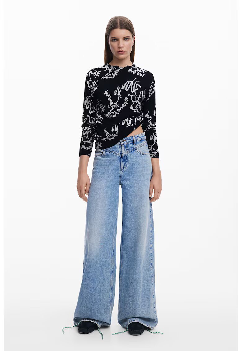 Desigual Bluza cu decolteu la baza gatului si imprimeu - Negru/Alb murdar