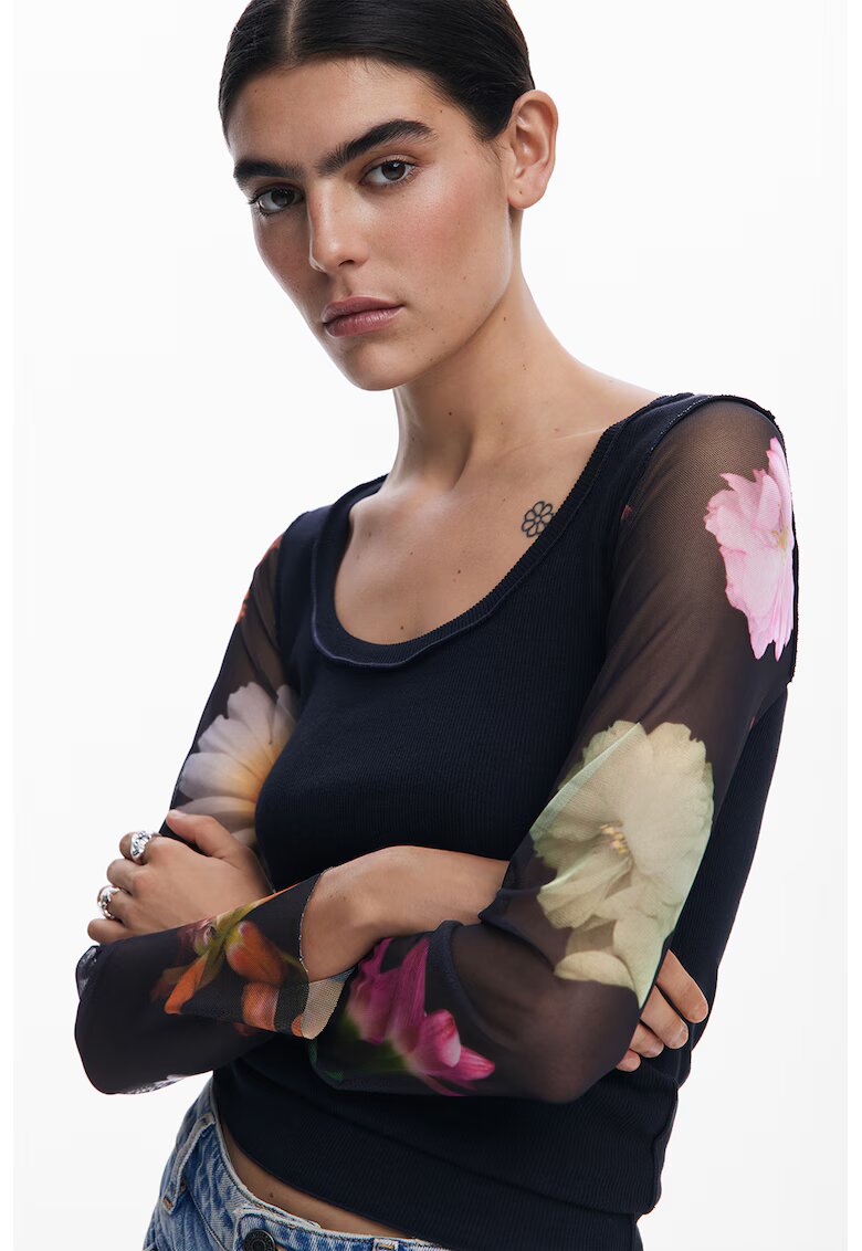 Desigual Bluza cu maneci din plasa cu model floral - Verde/Negru/Roz