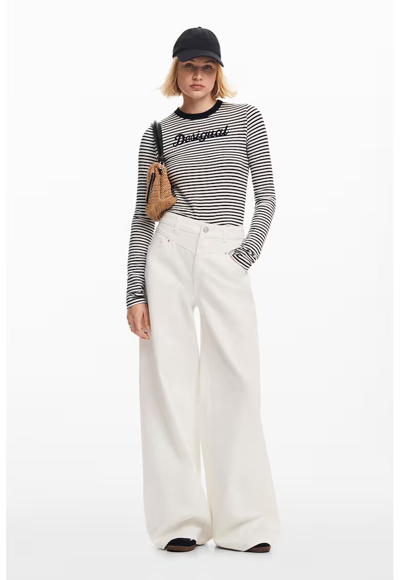 Desigual Bluza cu maneci lungi si dungi - Alb/Bleumarin