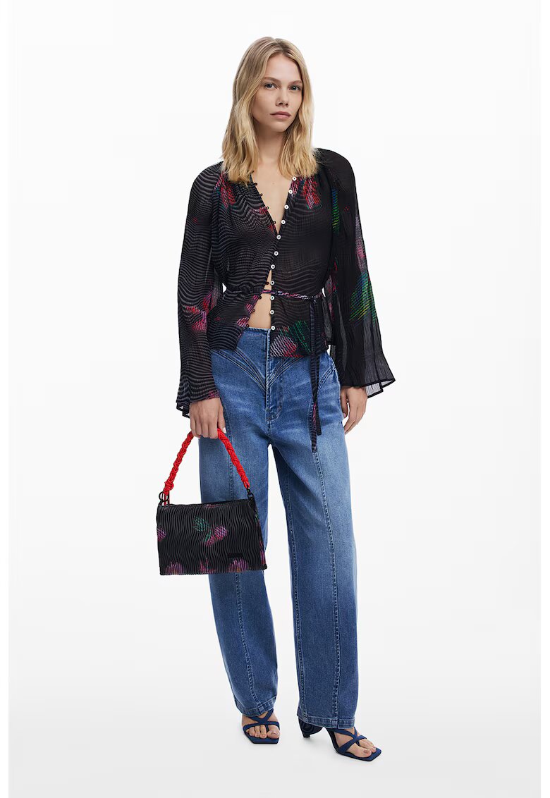 Desigual Bluza cu nasturi si maneci evazate - Negru/Roz
