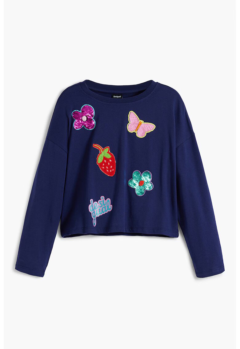 Desigual Bluza de bumbac cu diverse aplicatii - Albastru indigo