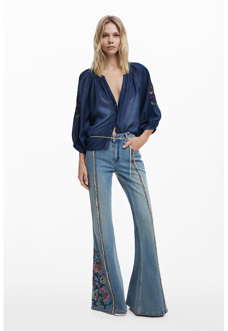 Desigual Bluza din chambray cu maneci cu broderie - Bleumarin