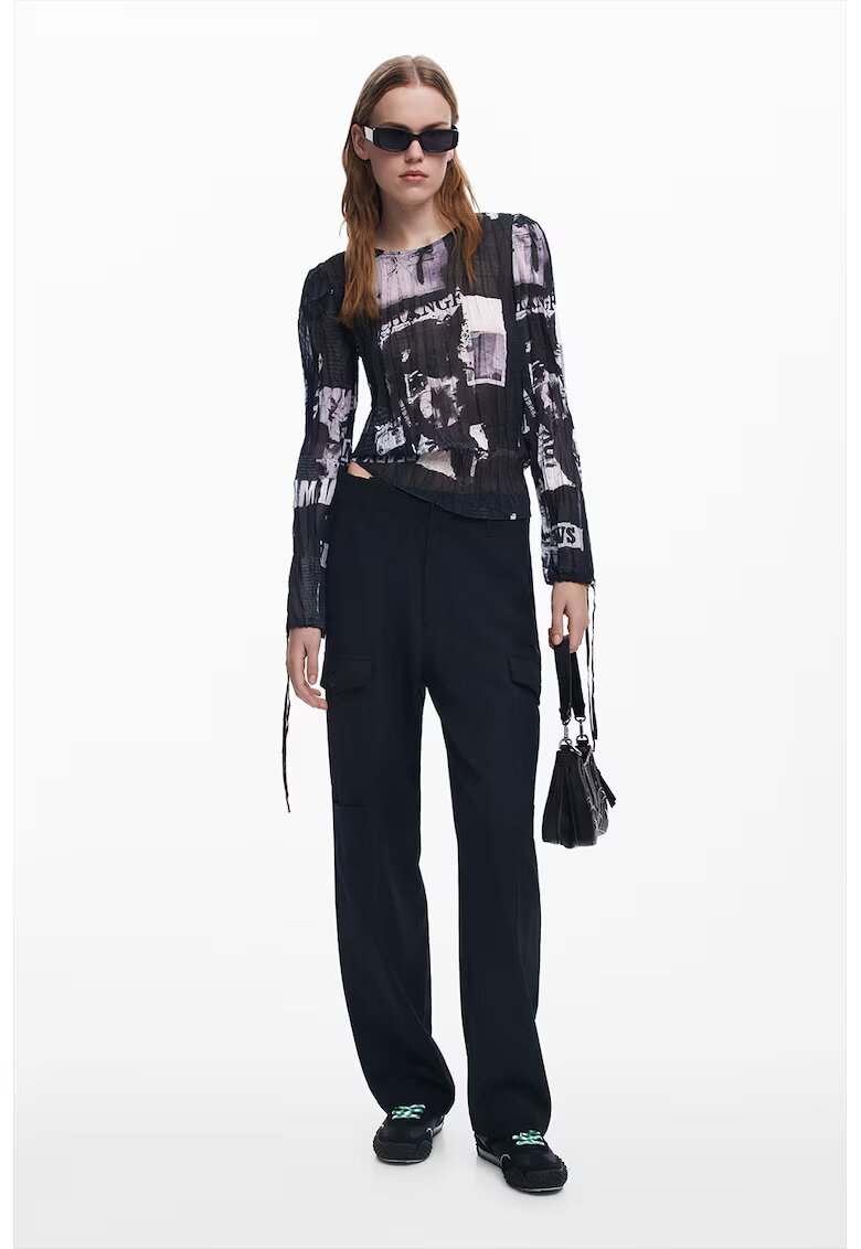 Desigual Bluza plisata din sifon - Negru/Gri