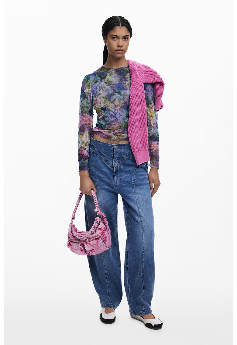 Desigual Bluza slim fit texturata - Albastru pastel/Roz pal